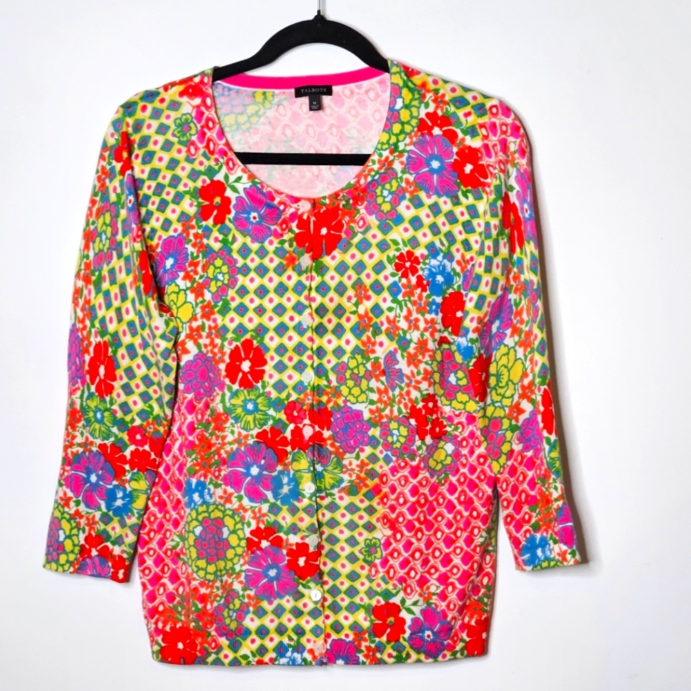 Talbots Bright Colorful Floral Garden Patterned Cardigan Womens Medium Top